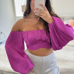 Pink Ruched Off-Shoulder Crop Blouse